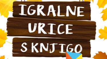 ilustrirana naslovnica z tremi lesenimi tablami in belim čopič-pisavnim napisom “IGRALNE URICE S KNJIGO”, okoli pa jesenski rumeno-oranžni listi; igriv, otroški slog.