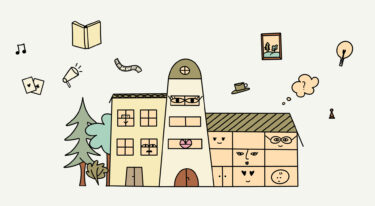 Ilustrirana stavba knjižnice kot prijazna hiša z obrazi v oknih ter simboli branja, ustvarjalnosti in druženja okoli nje.