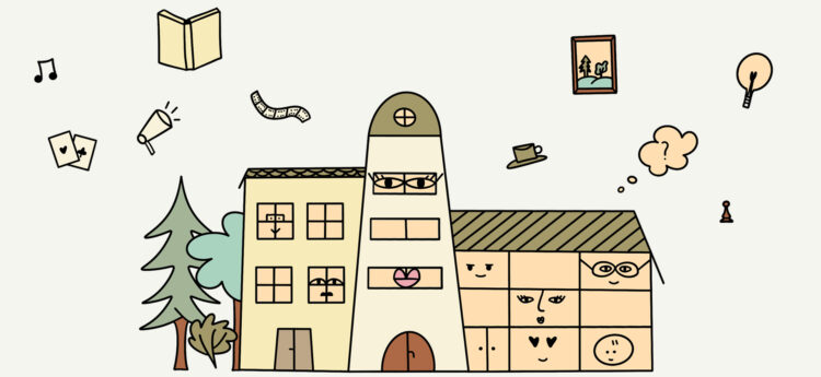 Ilustrirana stavba knjižnice kot prijazna hiša z obrazi v oknih ter simboli branja, ustvarjalnosti in druženja okoli nje.