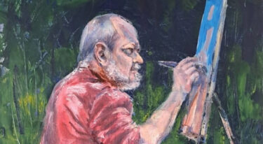 Slikarska upodobitev moškega, ki na prostem slika na stojalu.