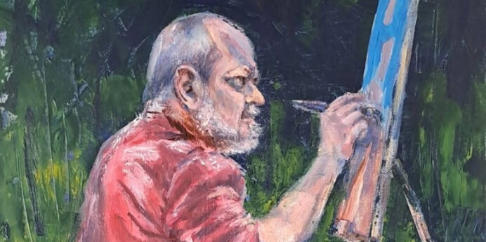 Slikarska upodobitev moškega, ki na prostem slika na stojalu.