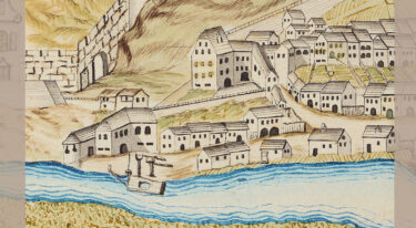 Naslovnica »Mali grad na Ptuju« z zgodovinsko risbo grajskega hriba, mesta in reke s splavom.