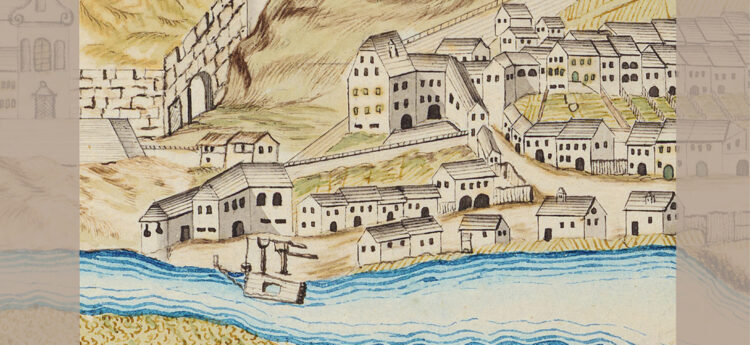 Naslovnica »Mali grad na Ptuju« z zgodovinsko risbo grajskega hriba, mesta in reke s splavom.