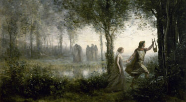 Slika Orfeja, ki z liro vodi Evridiko skozi gozd; v ozadju so sence podzemlja.