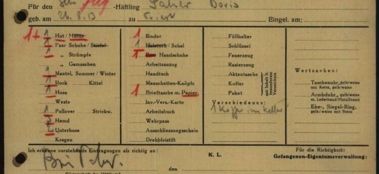 Obrazec Borisa Pahorja o odvzetih predmetih ob prihodu v taborišče Dachau, 1944 (vir: Arolsen Archive)