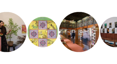 Kolaž štirih okroglih fotografij: predstavitev ob rastlini, vzorec ploščic, notranjost knjižnice in razstava plakatov.