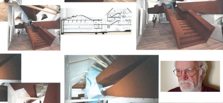 Kolaž arhitekturnih vizualizacij notranjosti z velikim rjavo-rdečim stopniščem ter manjšim portretom starejšega moškega z očali.