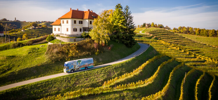 Bibliobus vozi po vijugasti cesti med vinogradi; v ozadju je bela hiša z rdečo streho na griču.