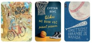 Tri naslovnice knjig: “Bine Butara”, “Očku ne bom več pisal pisem” (Cvetka Bevc) in “Umetnost obrambe in napada” (Chad Harbach).
